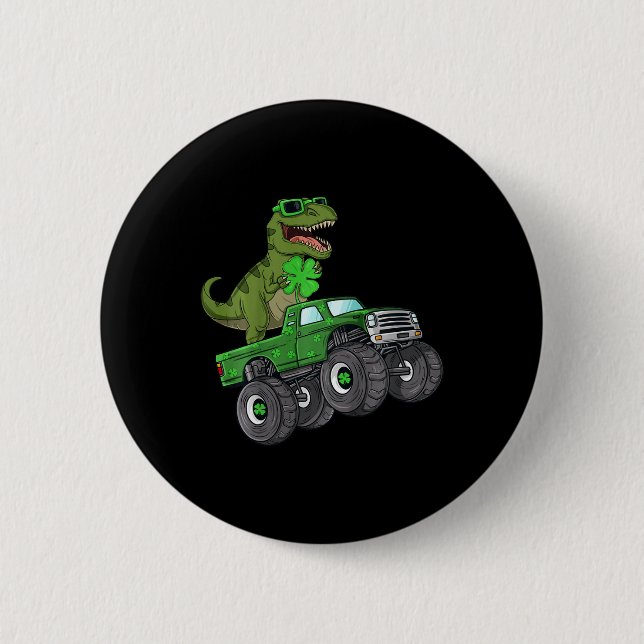 Kids St Patricks Day T Rex Riding Monster Truck To 6 Cm Round Badge (Front)