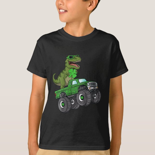 Kids St Patricks Day T Rex Riding Monster Truck To T-Shirt (Front)