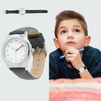 Kids Stainless Steel Black Leather Strap Watch