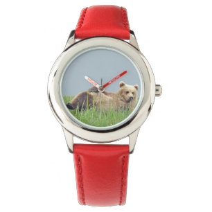 Kid's Stainless Steel Red Leather Strap Watch