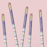 Kids Striped Girls Pencil<br><div class="desc">These custom pencil's design starts with pastel stripes in various soft colours on white. The colours include pink, teal, purple and yellow. At the top of the pencil is purple.. Inside the purple rectangle is a pink frame. Inside the frame is a pale yellow custom name(s) for you to customise....</div>