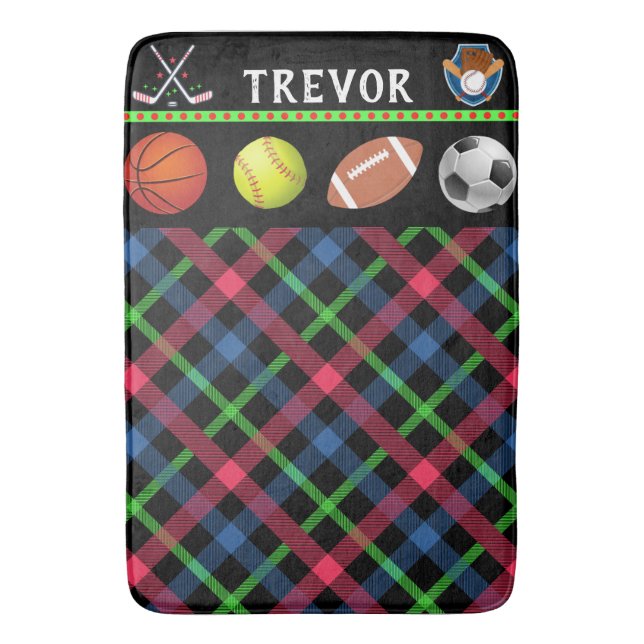 Kids Super Sports Tartan Personalised   Bath Mat (Front Vertical)