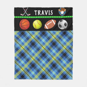 Kids Super Sports Tartan Personalised  Fleece Blan Blanket