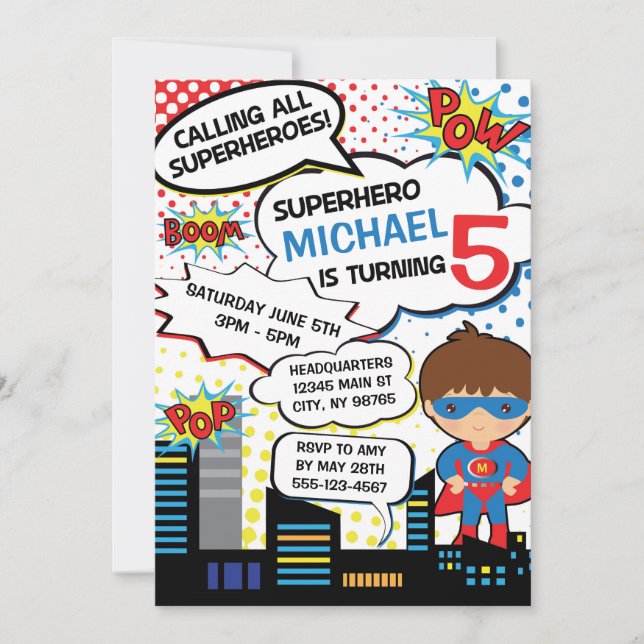Kids Superhero Birthday Party Invitation Boy Hero (Front)