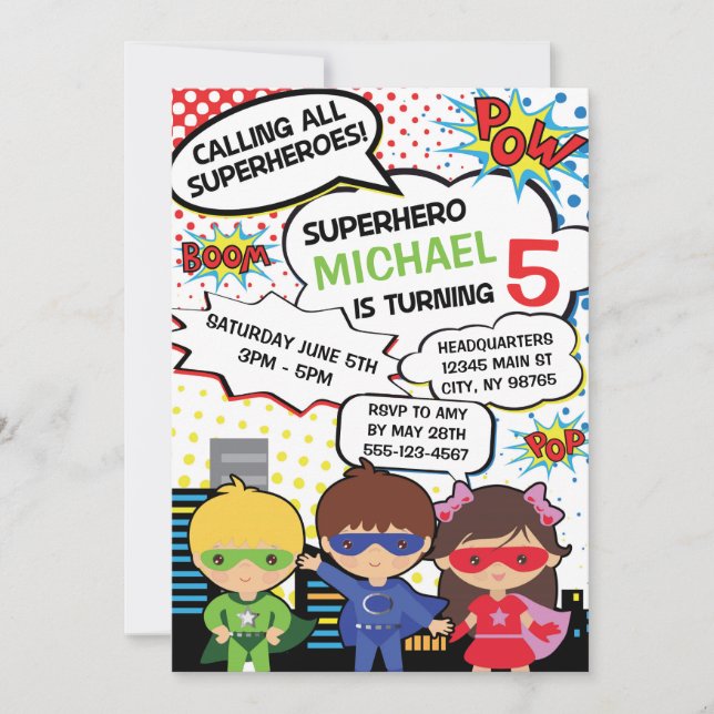 Kids Superhero Birthday Party Invite Boy Girl Hero (Front)