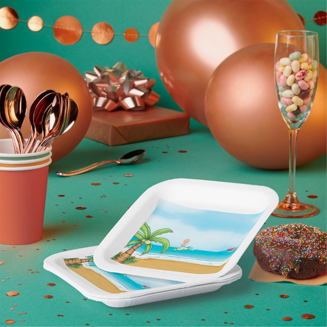 Kids Surfing Tropical Beach Fun Summer Ocean Paper Plate (Creator Uploaded)