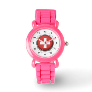 Kid's Switzerland Flag Pink Glitter Strap Watch