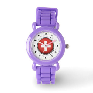 Kid's Switzerland Flag Red Glitter Strap Watch