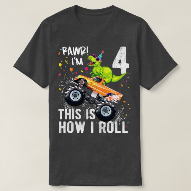 Kids T Rex Dinosaur Monster Truck 4th Birthday Boy T-Shirt (Design Front)