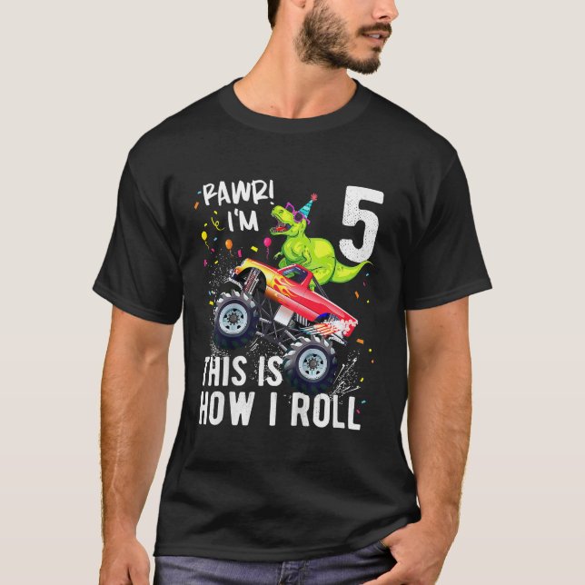 Kids T Rex Dinosaur Monster Truck 5th Birthday Boy T-Shirt (Front)