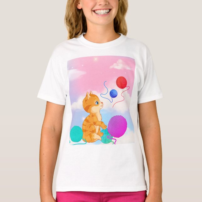 kids T-shirt with white clouds pink, blue, (Front)