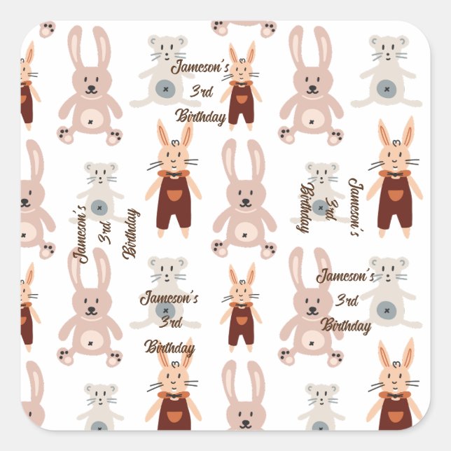 Kids' Teddy Bear Cat Panda Toy Pattern Birthday Square Sticker (Front)