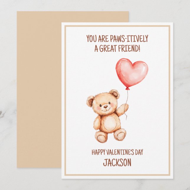 Kids Teddy Bear Cute Watercolor Heart Valentine Holiday Card (Front/Back)