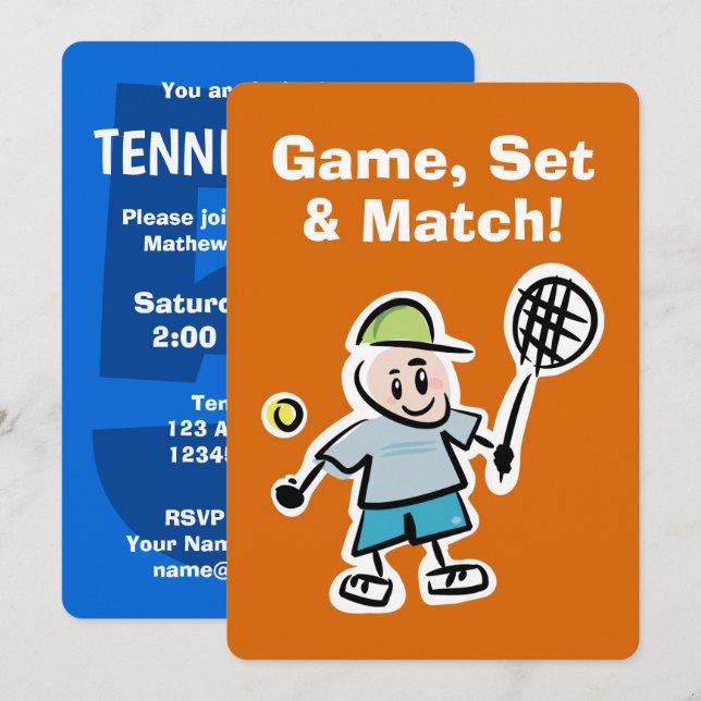 Kids tennis Birthday party invitation with cartoon (Front/Back)