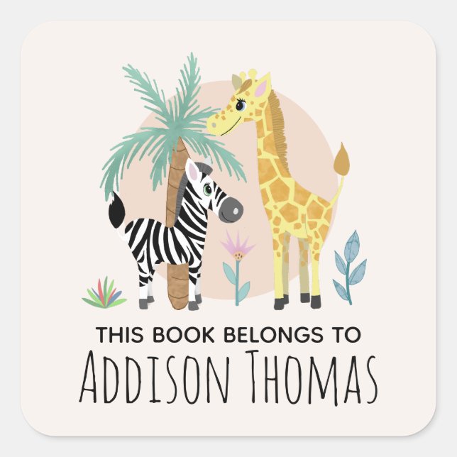 Kids This Book Belongs Safari Animal Bookplate Square Sticker (Front)