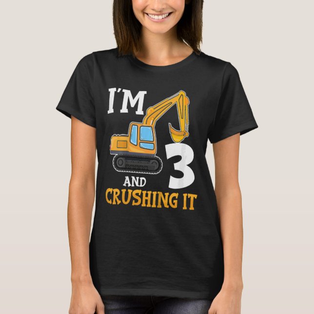 Kids Three 3yr 3th Birthday Digger Boy Constructio T-Shirt (Front)