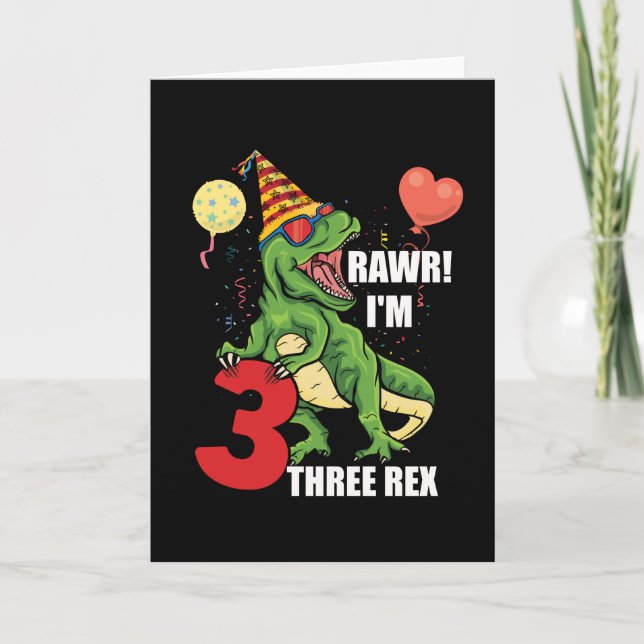 Kids Three Rex 3 Year Old Birthday 3rd Bday Party Card (Front)