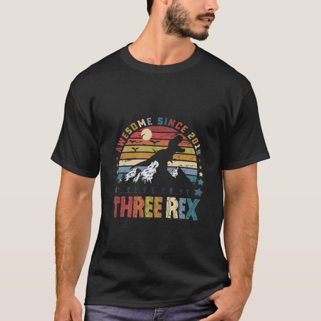 Kids Three Rex 3Rd Birthday Boy Third Dinosaur Awe T-Shirt (Front)