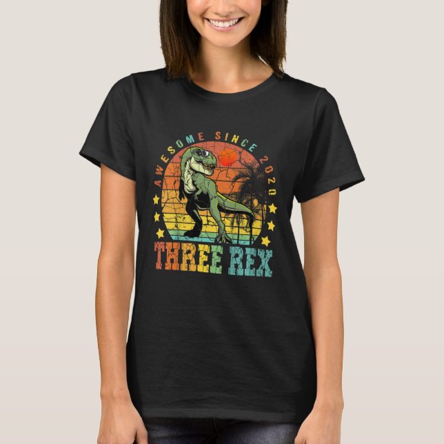 Kids Three Rex 3rd Birthday Boy Third Dinosaur Awe T-Shirt (Front)