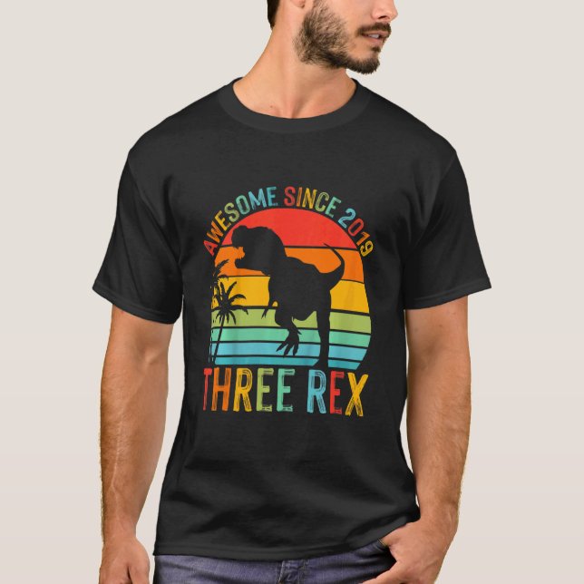 Kids Three Rex 3rd Birthday Boy Third Dinosaur Awe T-Shirt (Front)