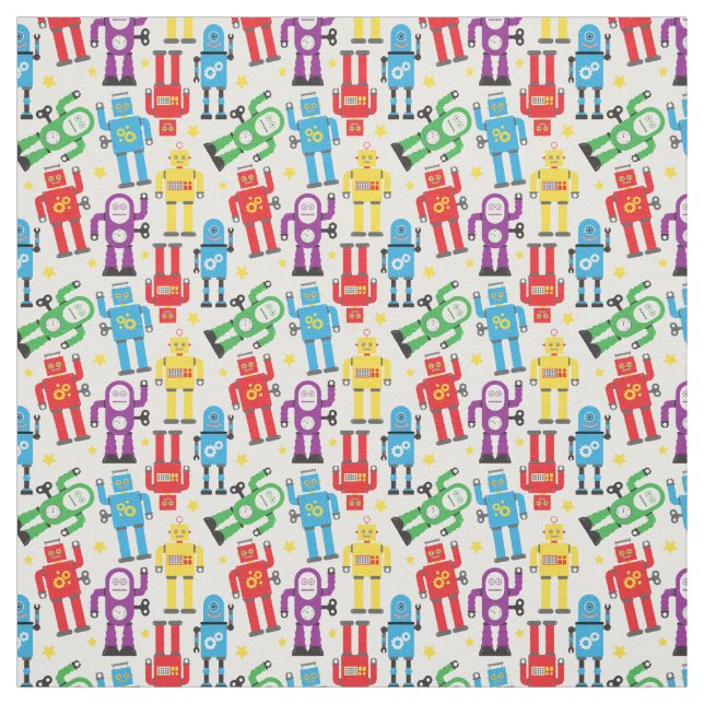 Kids Toy Robots and Aliens on White Fabric (Swatch)