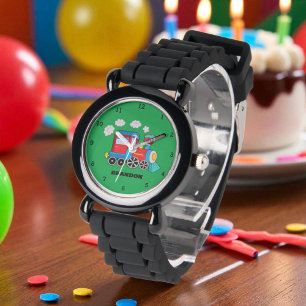 Kids Train Boys Black Custom Name Watch