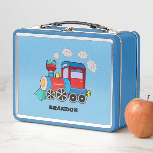 Kids Train Boys Blue Custom Name Metal Lunch Box (In Situ)
