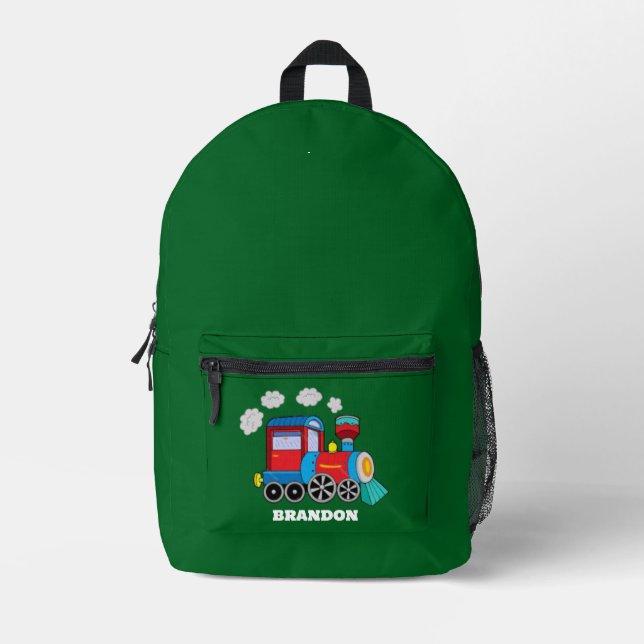 Kids Train Boys Blue Custom Name Printed Backpack (Front)