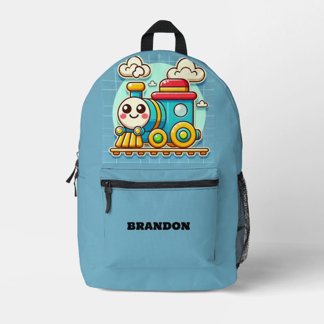 Kids Train Boys Blue Custom Name Printed Backpack (Front)