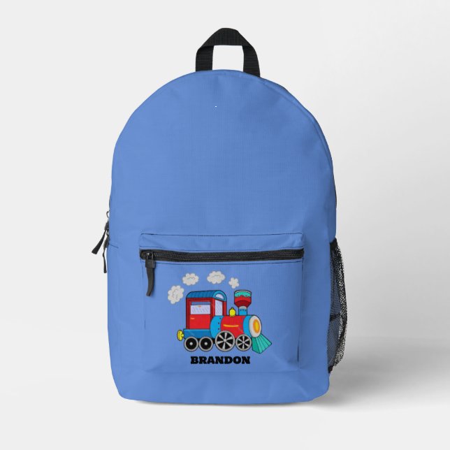 Kids Train Boys Blue Custom Name Printed Backpack (Front)