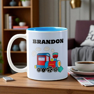 Kids Train Boys Blue Custom Name Two-Tone Coffee Mug