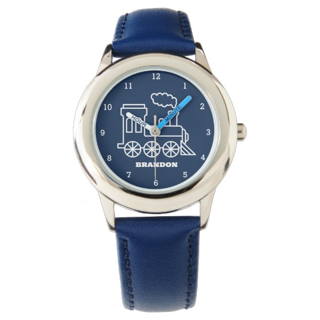 Kids Train Boys Blue Custom Name Watch (Front)