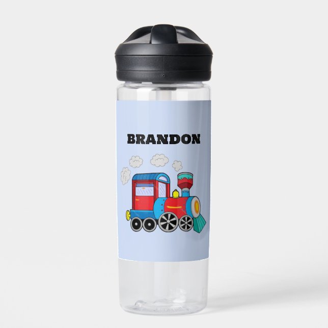 Kids Train Boys Blue Custom Name Water Bottle (Front)