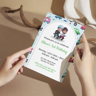 Kids Transportation Bicycle Birthday Blue Pattern Invitation