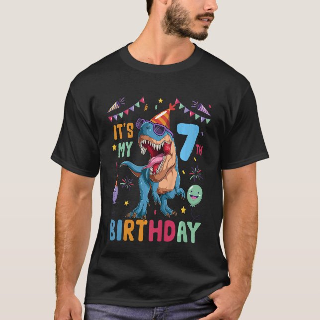 Kids Trex Dino Dinosaur 7th Seven Bday Girl 7 Year T-Shirt (Front)
