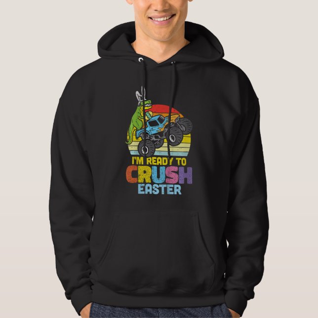 Kids Trex Monster Truck Ready To Crush Easter Boys Hoodie (Front)