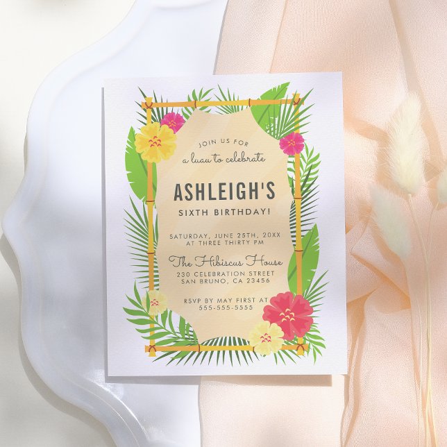 Kids' Tropical Bamboo Frame Luau Birthday Party Invitation Postcard (Creator Uploaded)
