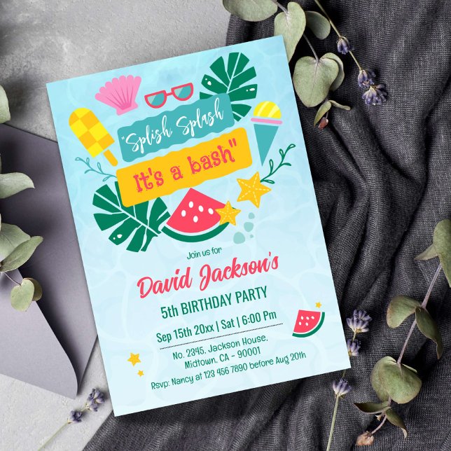 Kids tropical beach pool party 5th birthday invitation (Creator Uploaded)