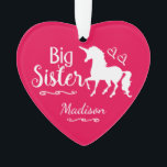 Kids Unicorn Big Sister Sibling Girls Christmas Ornament<br><div class="desc">Sisters Pink and Purple Unicorn Little Sister Personalised Christmas Ornament. Personalise this adorable ornament with name underneath a beautiful white unicorn silhouette. Text in white reads BIG SISTER with pretty hearts and curling lines on pinkish red background. Back of ornament has place for the year on dark purple background. Pretty...</div>