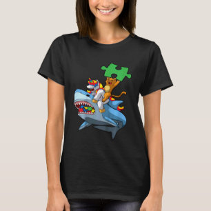 Kids Unicorn Cat Riding Shark Autism Awareness Cut T-Shirt