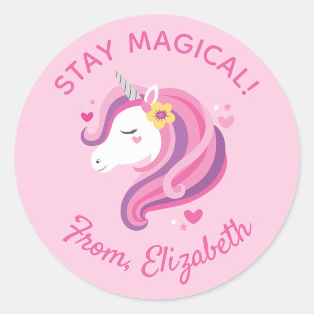 Kids Unicorn Face Pink Valentines Day Classroom Classic Round Sticker (Front)