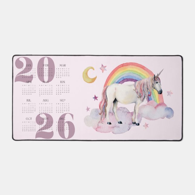 Kids Unicorn Rainbow Moon Stars Year Calendar 2026 Desk Mat (Front)