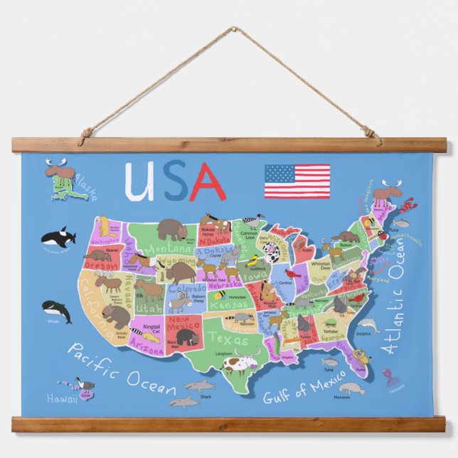 Kids US Map Wall Hanging Tapestry (Front)
