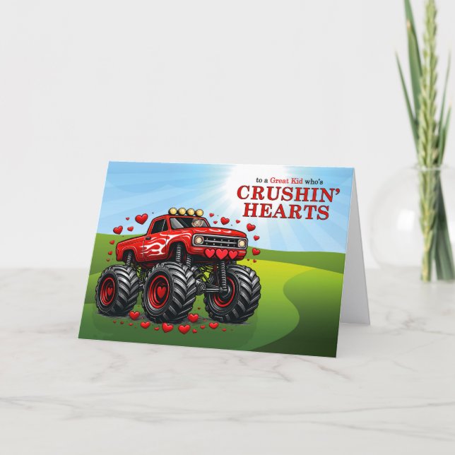 Kid's Valentine Monster Truck Crushin' Hearts Holiday Card (Front)