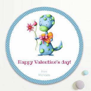 Kids Valentines Day Blue Dinosaur Classic Round Sticker
