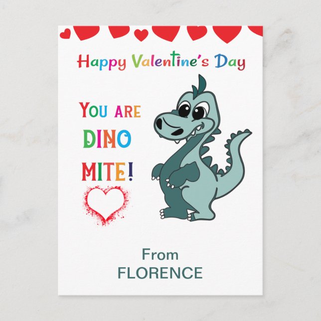 Kids Valentines Day Classroom Dinosaur - dinomite Postcard (Front)