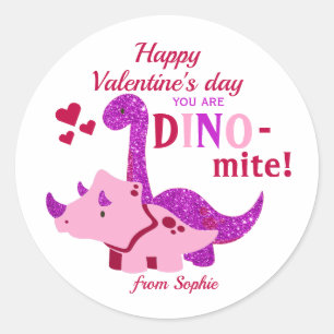 Kids Valentines Day Girly Dinosaur Dino-mite  Classic Round Sticker