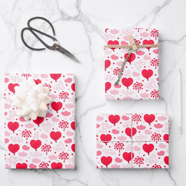 Kids Valentine's Day Red Heart Flowers Trees Cloud Wrapping Paper Sheet (Front)