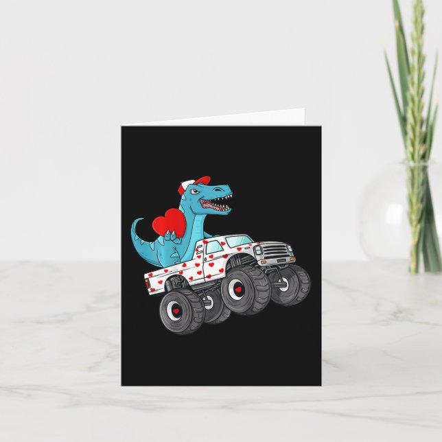 Kids Valentines Day T Rex Riding Monster Truck Fun Card (Front)