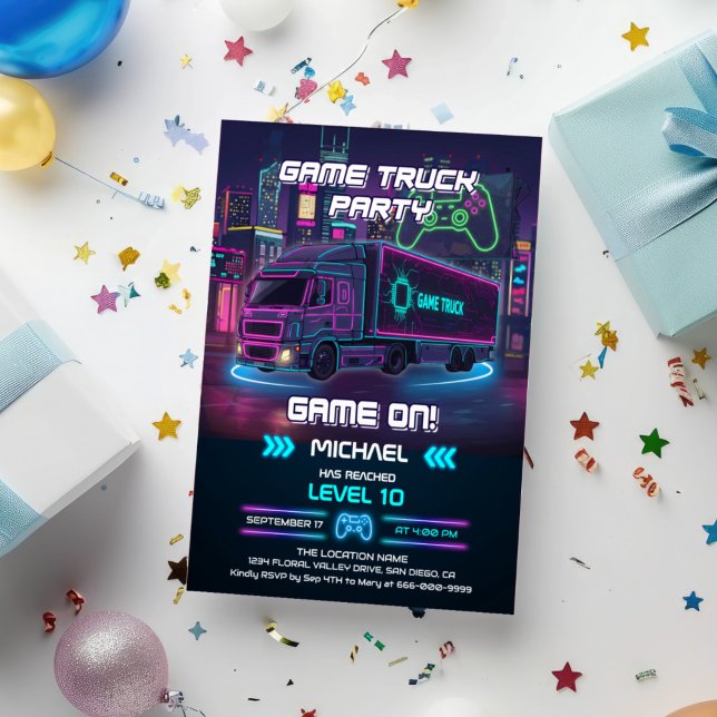 Kids Video Game Truck Birthday Party Invitation (Game Truck Birthday Party Invitation)
